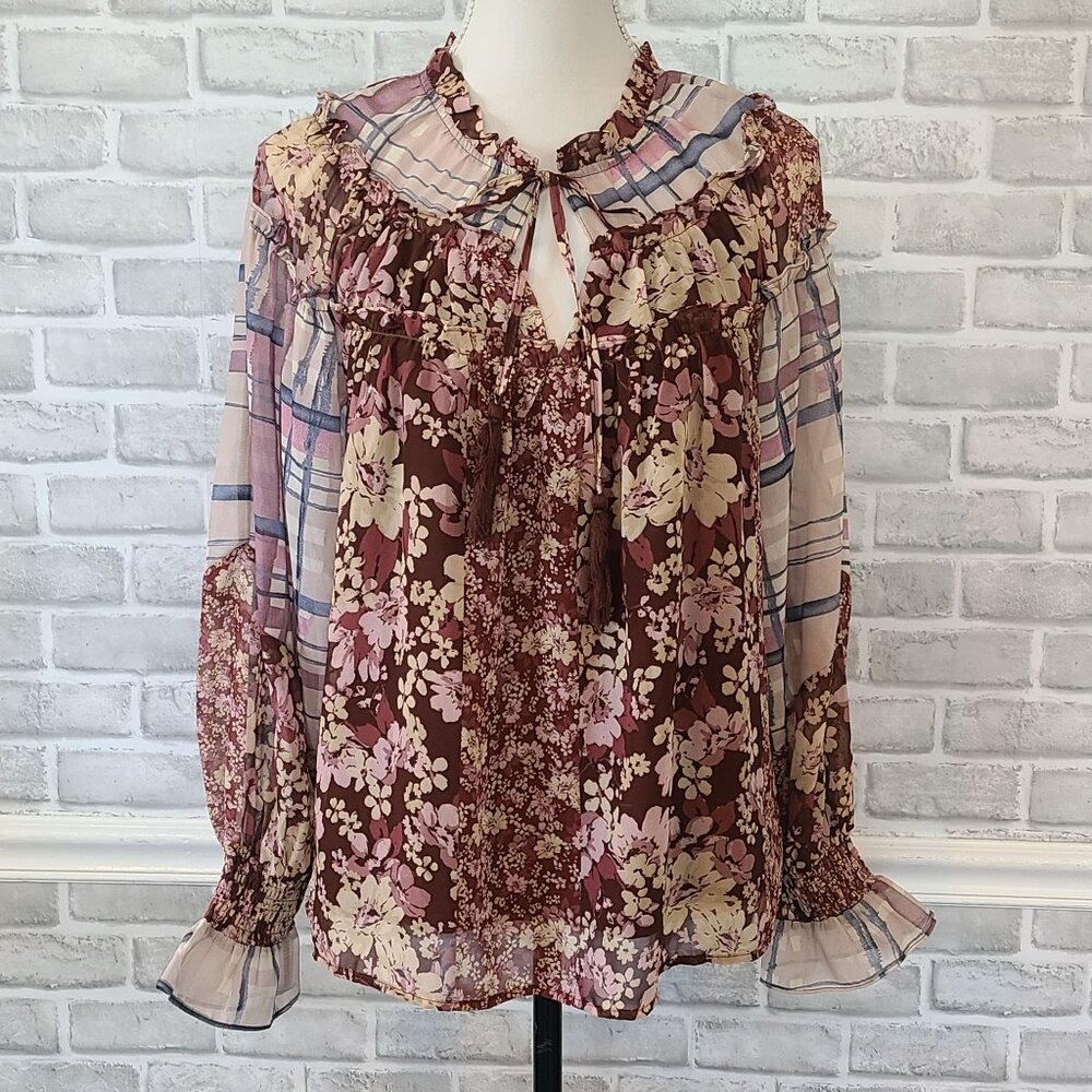 Miss Me Floral Balloon Sleeve Blouse Top Boho Western Coastal Cowgirl Sheer Sm